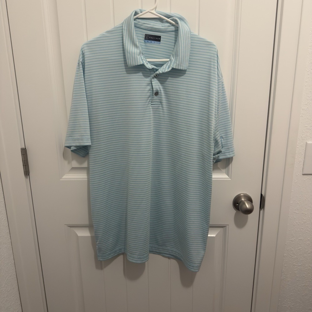 PGA Tour Men's Bright Aqua Blue Stripe Golf Polo Size XL